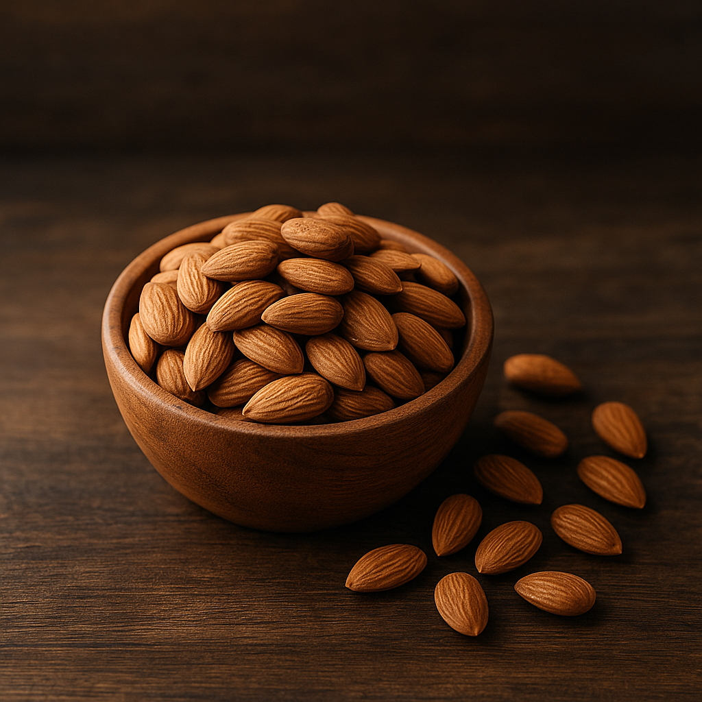 کاسه چوبی پر از بادام تازه ،تصویر خواص بادام برای سلامت پوست ، خرید عمده بادام ایرانی با کیفیت بالا